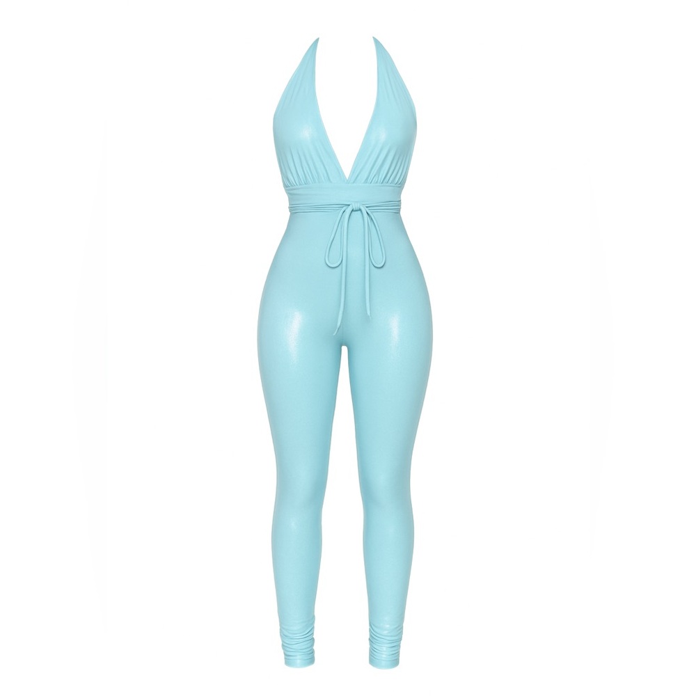 Fashion Nova Women’s Icy Heart Glitter V- Neck Backless Blue Halter Jumpsuit